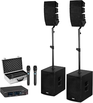 Vonyx 2.2 Line Array Speaker System with Dual Wireless Microphones, 1600W Active Passive PA System, Bluetooth USB DSP, Church PA System and DJ PA System