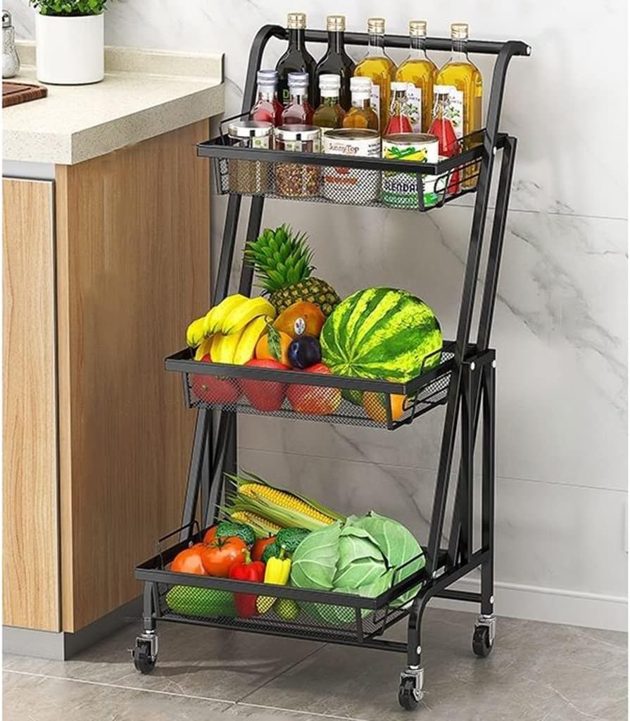 Adjustable 3-Tier Rolling Kitchen Storage Cart - Large Vegetable & Fruit Basket with Wheels Versatile Utility Cart for Home Living Room Bathroom - Modern Design,Black