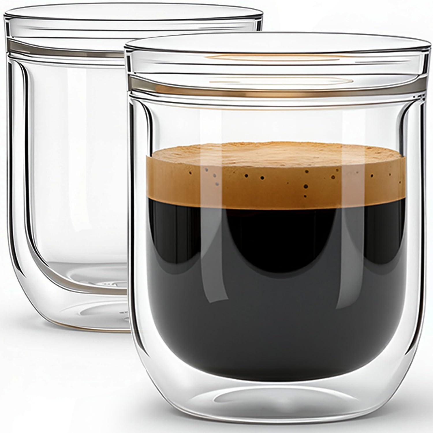 Aquach Double Wall Glass Espresso Coffee Cup 8 oz. 2pcs, Clear Drinking Glasses Insulated, Single Wall Mouth/Double Wall Body