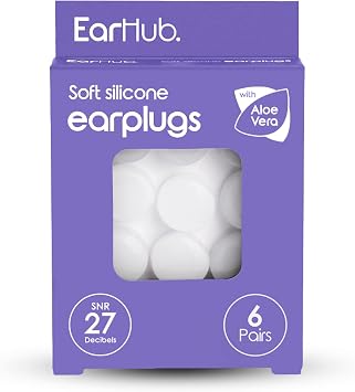 EarHub - سدادات أذن سيليكون Soft Soft Soft 6 أزواج قابلة لإعادة الاستخدام ومناسبة ، أفضل استخدام للنوم ، السفر ، الرياضات المائية ، العمل ، الدراسة والحفلات الموسيقية. وشملت حالة السفر.