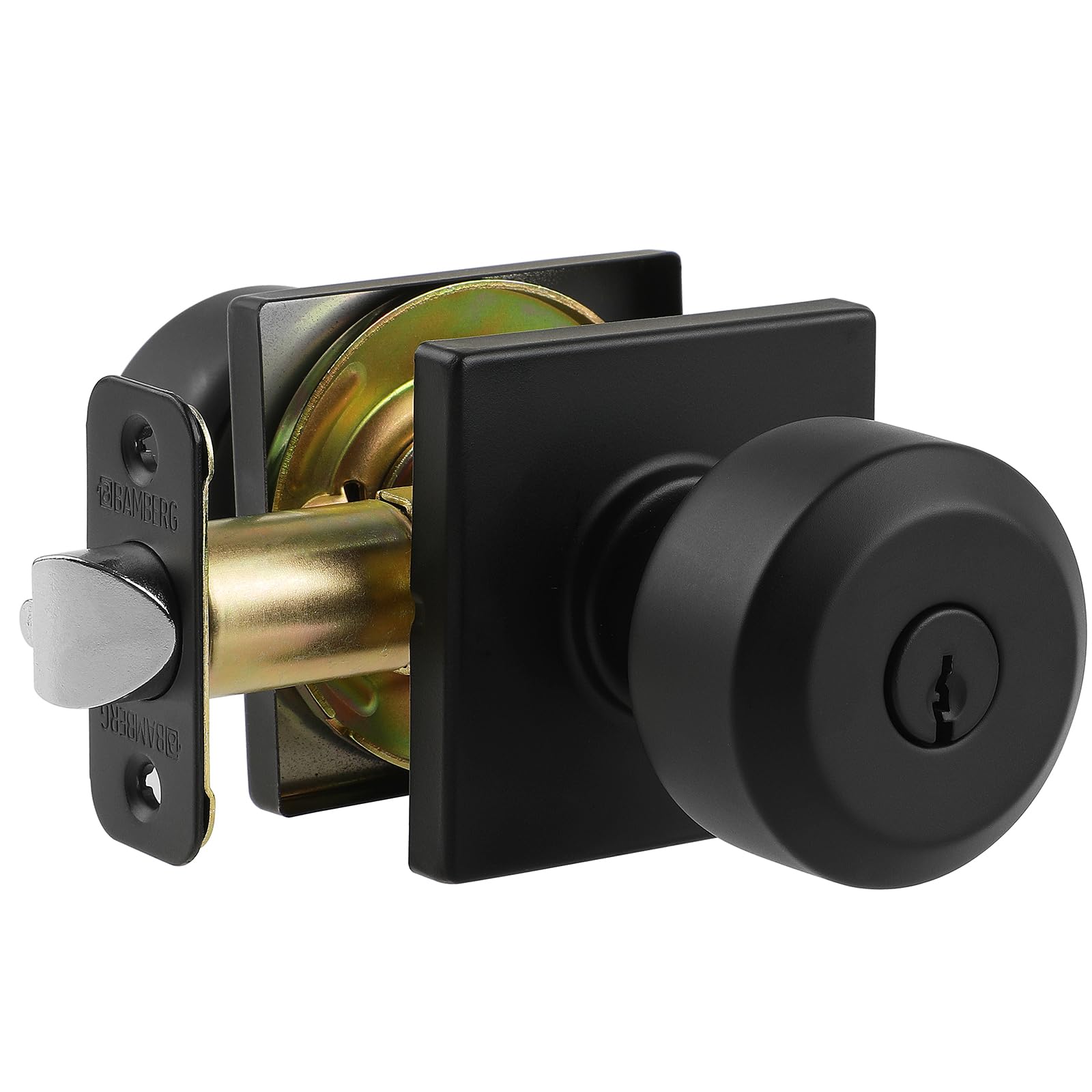 Bamberg 700SQ Privacy Door Knob with Key, Interior/Exterior Door Knob for Bedroom, Bathroom, Front Door, Left or Right Doorknob with Lock (Black, 1-Pack)
