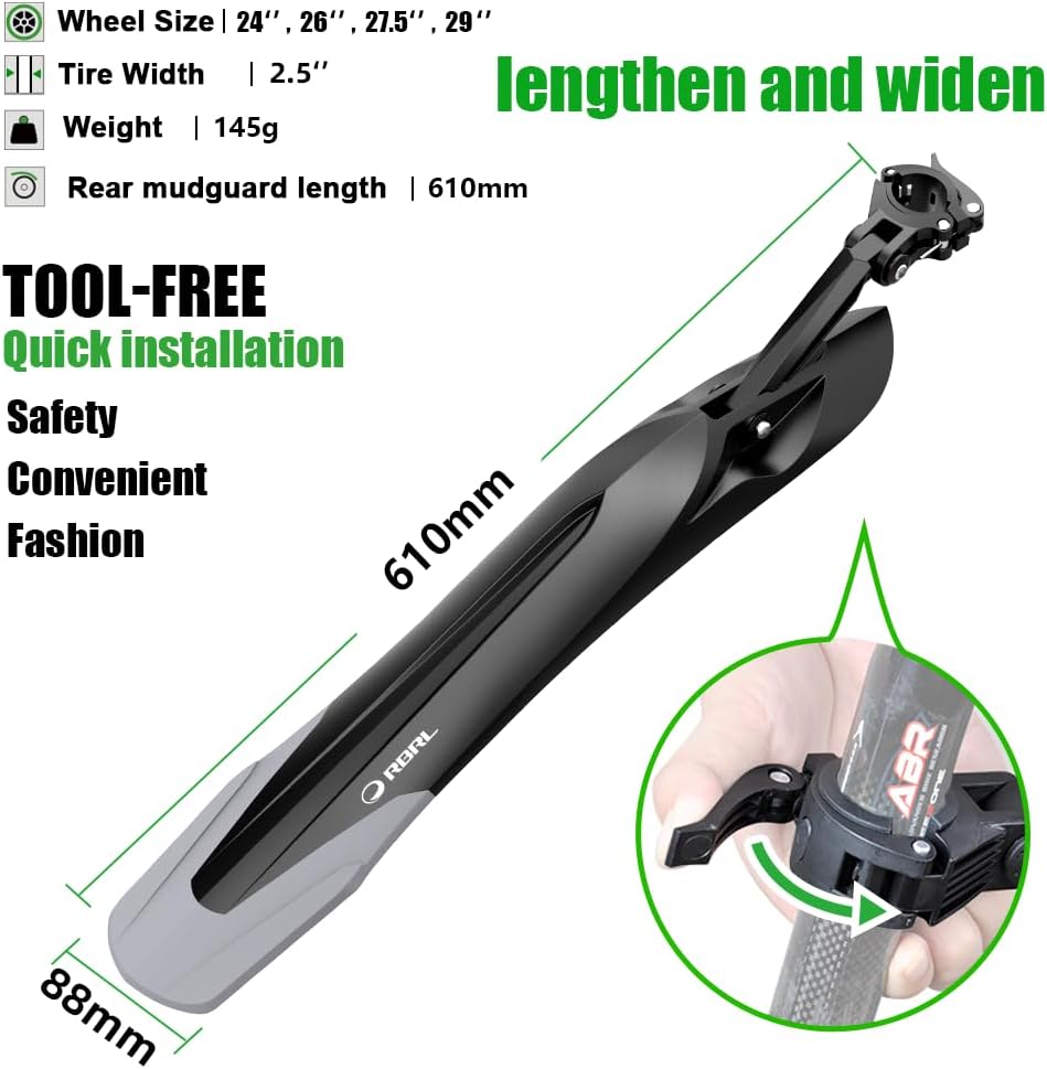 RBRL Bike Fender Adjustable Bicycle Mudguard [24-29 Inches], Universal Quick Disassembly Bike Fender, Thicken and Widen Universal Fender for Bike/Ebike/MTB Against Splashing Water and Dust (Rear)