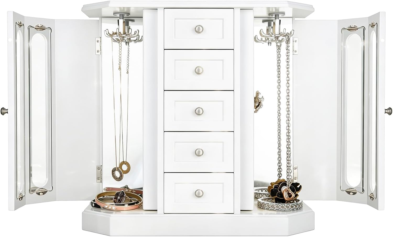 RR ROUND RICH DESIGN Vintage Jewelry Armoire with Mirror White | Solid Wood Jewelry Box Organizer with 5 Drawers & 2 Glass Doors - Large Capacity Desktop Dresser Case