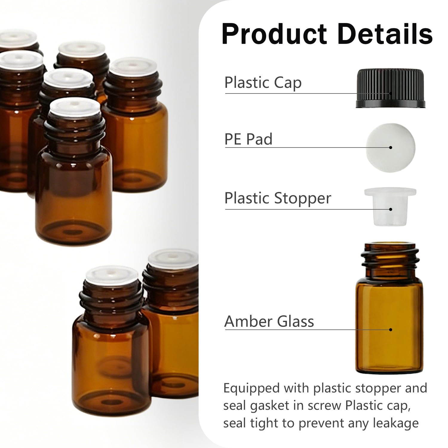 Simple-e Oil Bottles for Essential Oils, 50 Pcs 2 ml (5/8 Dram) Amber Glass Vials Bottles, with Orifice Reducers and Black Caps
