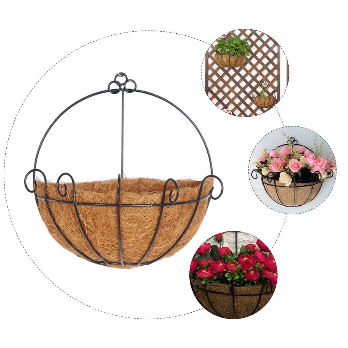 HOMSFOU Fioriere Sospese in Cocco 2 Pezzi Struttura in Ferro, Vasi da Fiori Intrecciati per Decorazioni da Parete, per Interno ed Esterno, Balcone, Giardino e Veranda