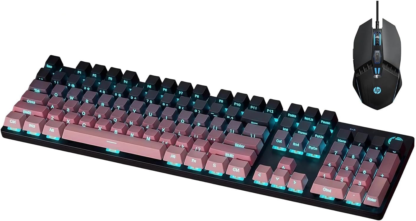 HP GK400F Gaming Keyboard, Mechanical Brown Switch with Full N-Key Rollover for Competitive Play, 104 Keys RGB Backlit, Ergonomic Design, Durable ABS Keycaps, with Mouse - Black & Pink