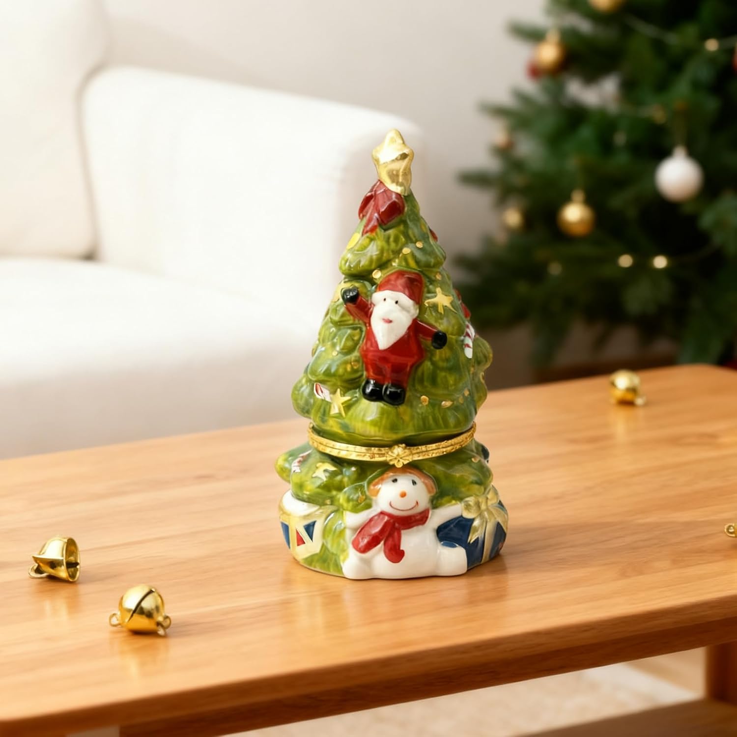 Jewelry Organizer, Jewelry Box, Jewelry Organizers and Storage for Holiday Decor Christmas Tree Ceramic Hinged Trinket Box with Santa and Snowman Design