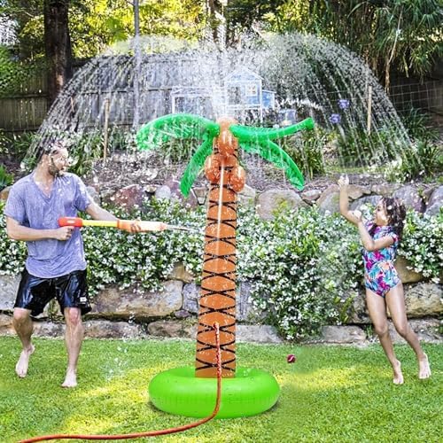 61″ Inflatable Palm Tree Backyard Sprinkler for Kids, Spray Water Pool Toy Inflatable sprinkler for yard Outdoor Hawaiian Party Coconut Tree for Lawn Sprinkler for Boys Girls Backyard Beach Games Toys