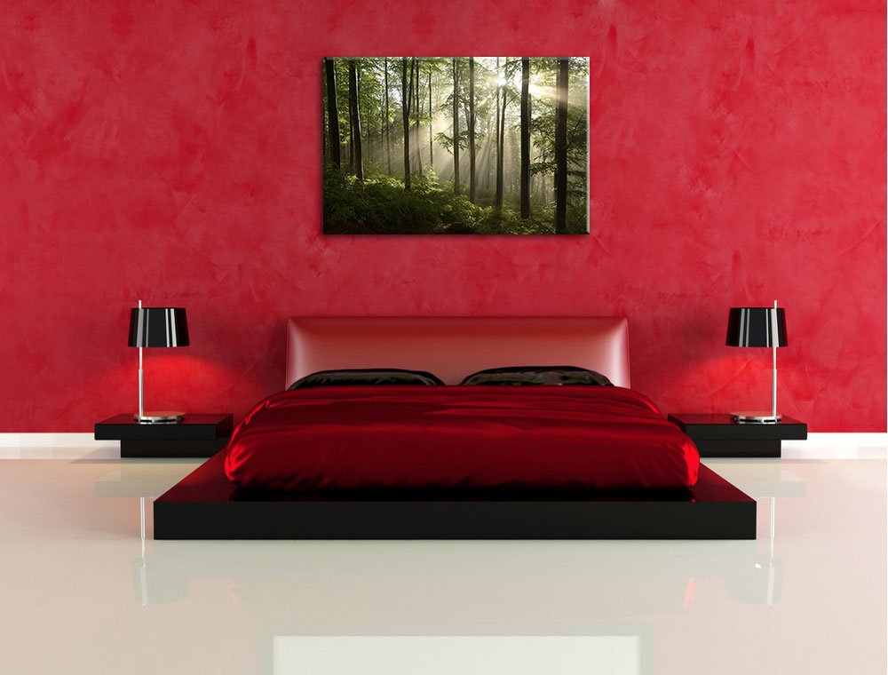 Pixxprint Sonnenstrahlen im Wald, Größe: 120x80cm, Leinwandbild, fertig gespannt, Wandbild, Dekoration, Kunstdruck, kein Poster