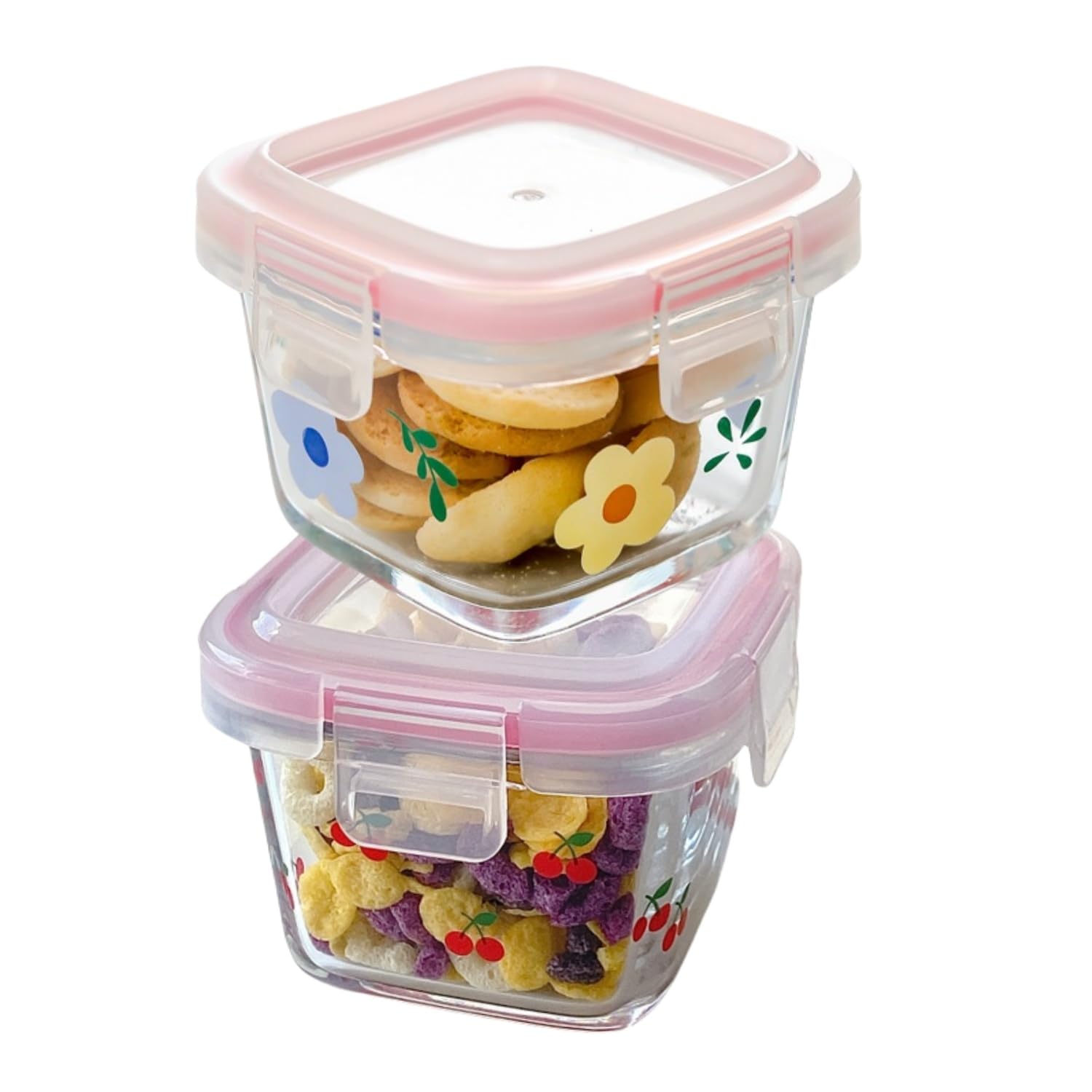 Ivymei 2 Pack Mini Square Glass Containers with lids,Small Floral Food Storage Contaiers Glass Food Jars for Food Portion,Dipping Sauce,Snack,Yogurt,