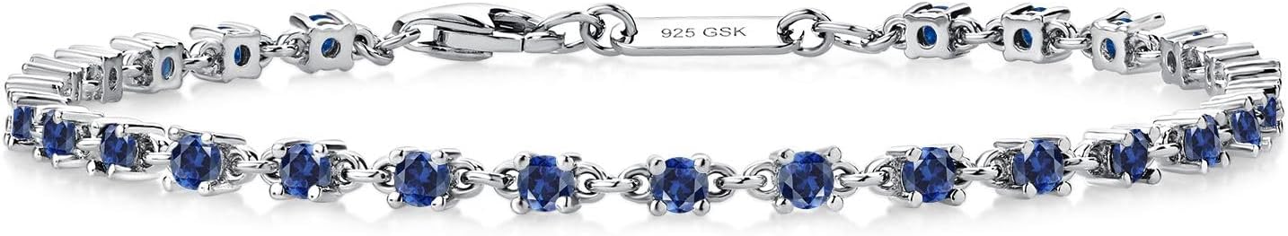 Gem Stone King Blue Created Sapphire Tennis Bracelet for Women in 925 Sterling Silver | 1.76 Cttw | Round: 2.5MM | Gemstone September Birthstone | 7 Inch