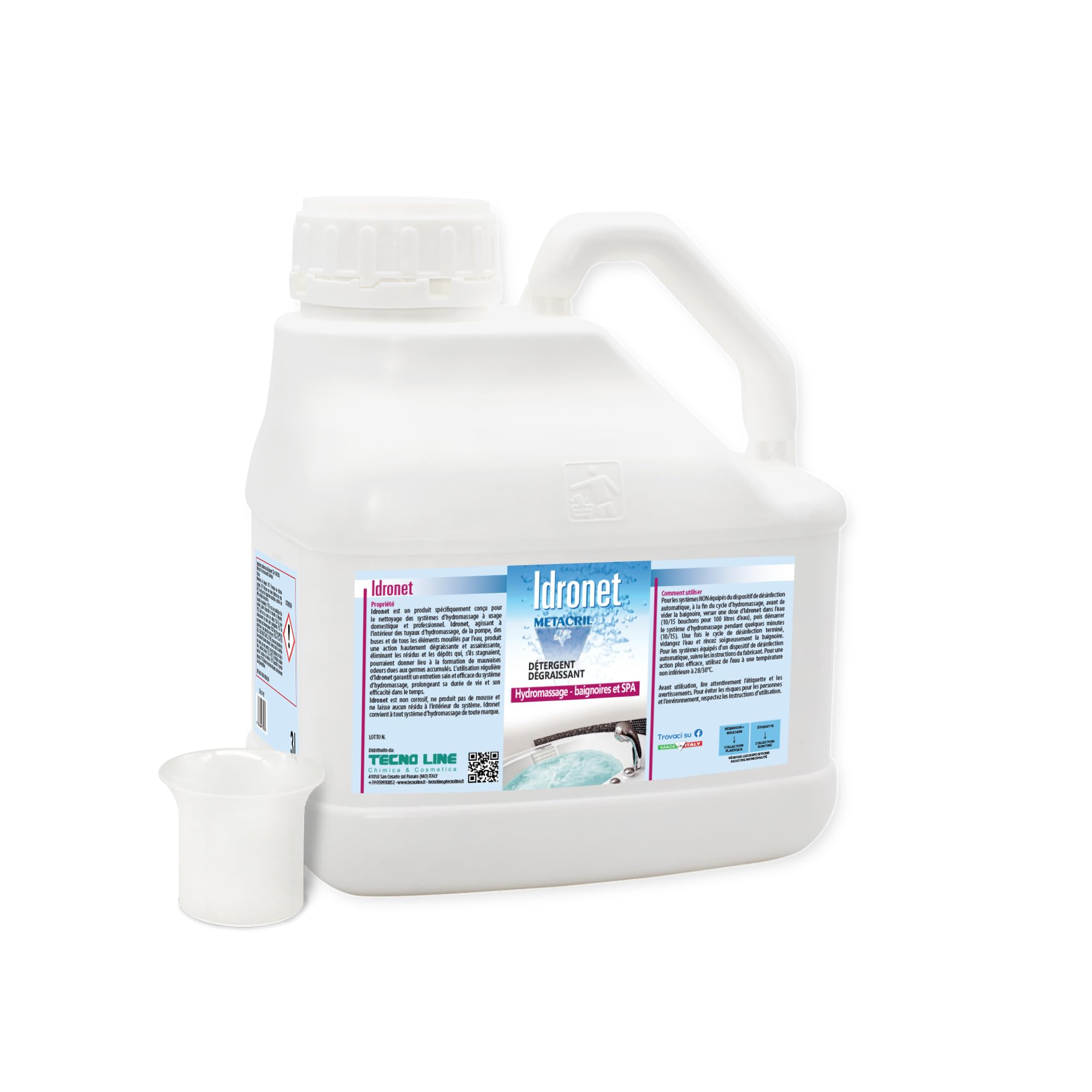 Metacril Idronet + Distributeur, nettoyant balnéo - 3 Lt | Nettoyant universel spécifique pour baignoires balnéo, formule non moussante, dégraissante et nettoyante