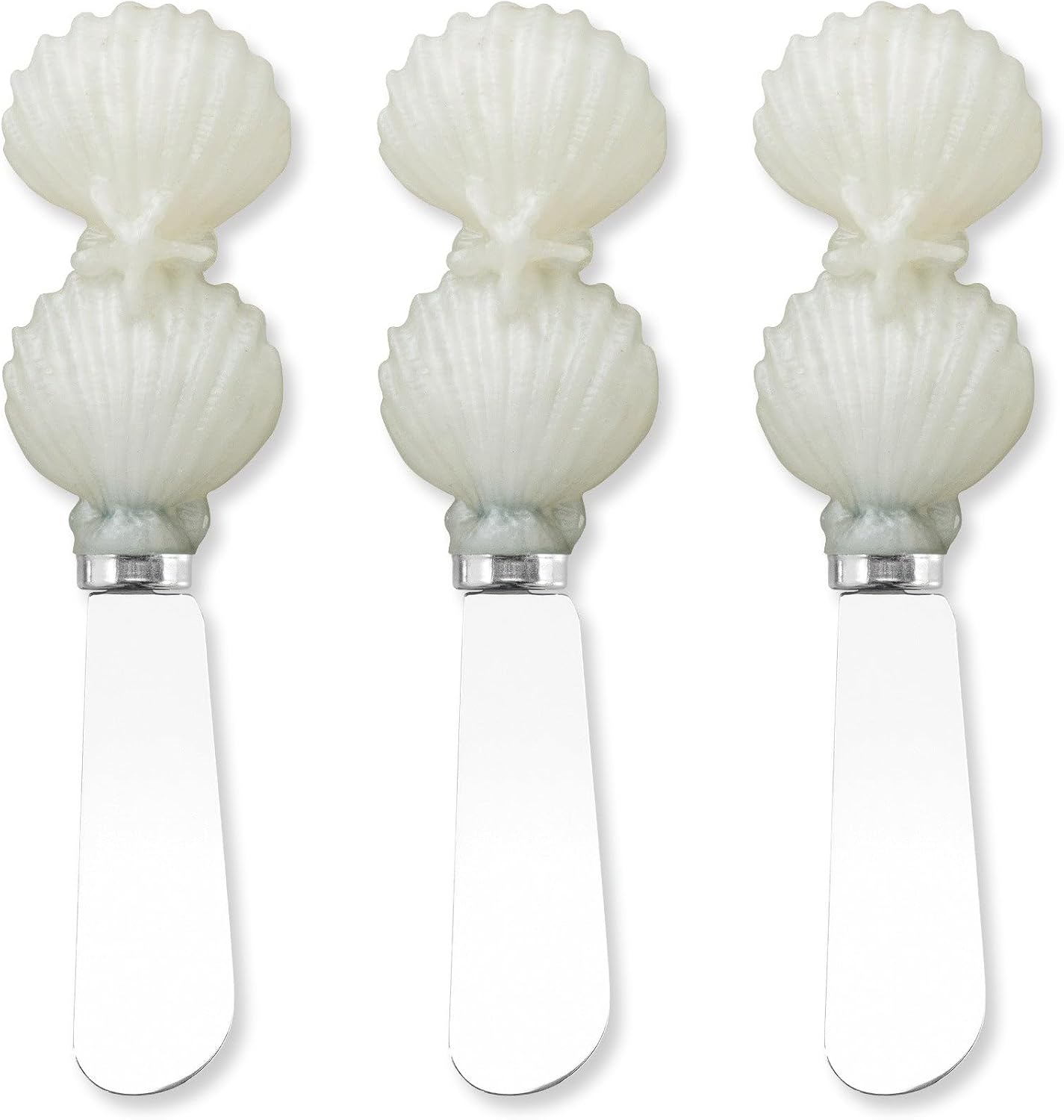 Supreme Housewares Seashell Resin Cheese Spreader Set of 3, Stainless Steel Appetizer Tools with Translucent Pearl White Scallop Handles, Coastal Theme Spreaders