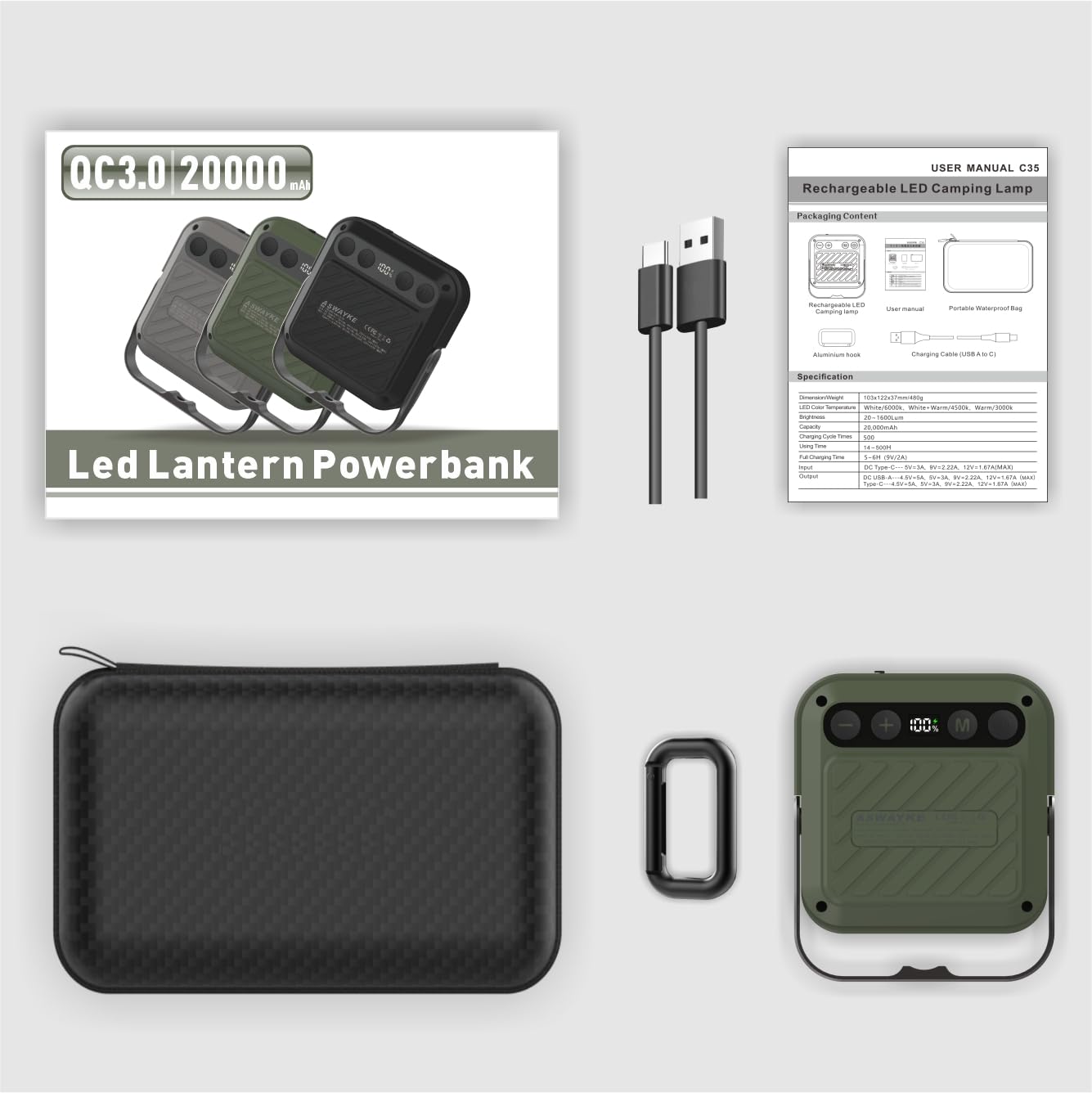 Wiederaufladbare LED-Camping-Laterne, 20.000 mAh, 1600 lm, QC3.0, 22,5 W, 4 Farbschalter, IPX5 wasserdicht, perfekt für Camping, Wandern und Notsituationen (grün)