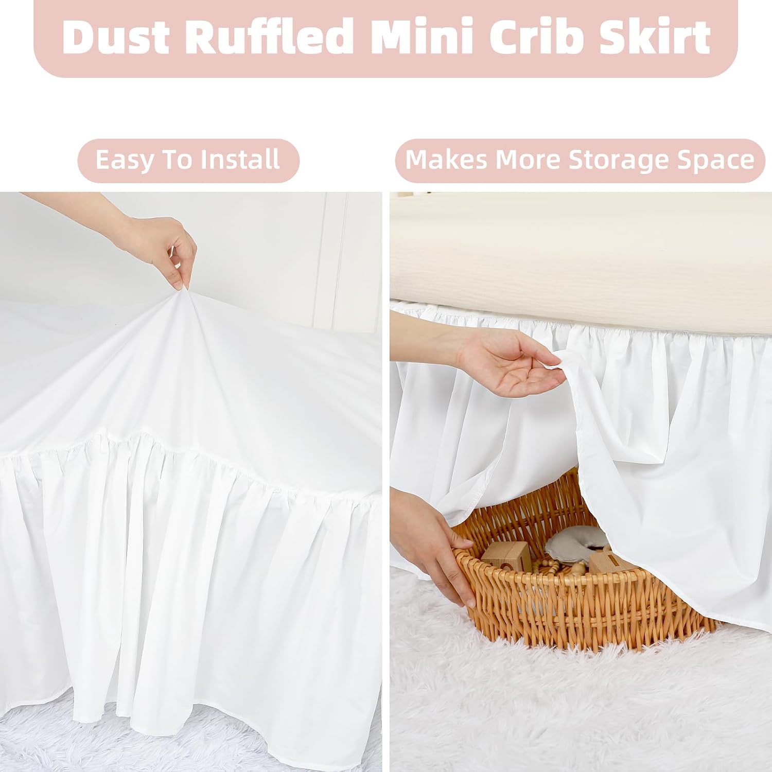 White Crib Skirt 28"X52" with 14" Drop, Ruffle Crib Bed Skirt for Baby Boys Girls, Fit Toddler Beds, Standard Crib, Easy On/Off, Machine Washable