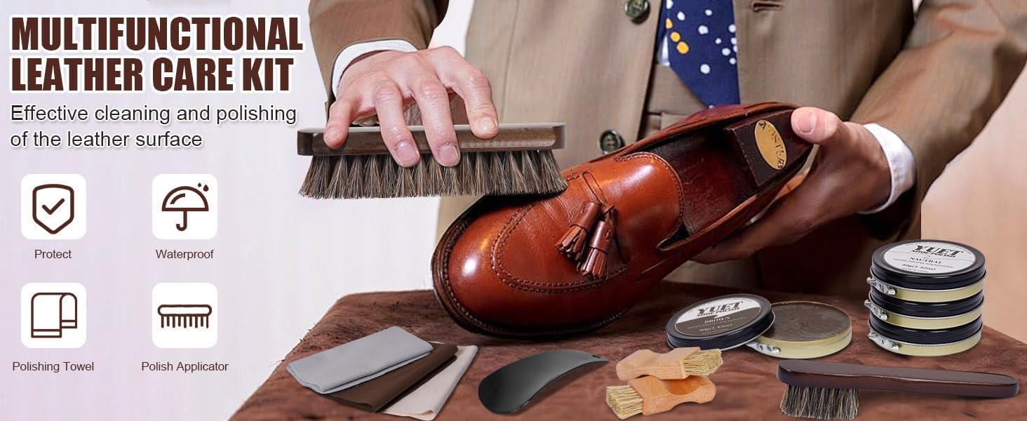 YUET 13PC Shoe Polish Care Kit Leather Boot Shine Set w/Travel Case, Brush, Cloth, Shoehorn, Brown Black Neutral Polish