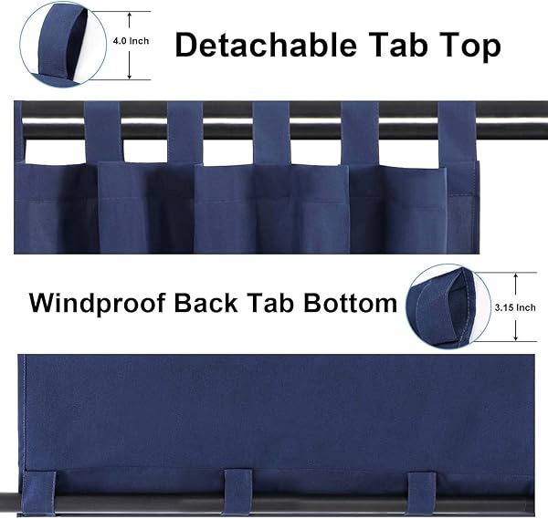 OutdoorLines Waterproof Outdoor Curtains for Patio - Windproof Tab Top Gazebo Curtain Panels - Privacy Sun Blocking Outside Curtain Set for Porch, Pergola and Cabana 54 x 96 inch, Navy Blue, 2 Panels - 3