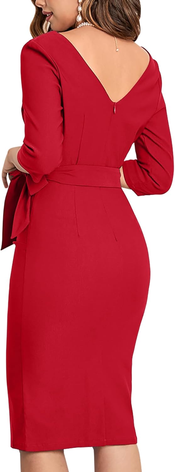 MUXXN Women's Vintage Faux Wrap V Neck 3/4 Sleeve Formal Classic Party Work Dress with Belt - Image 2