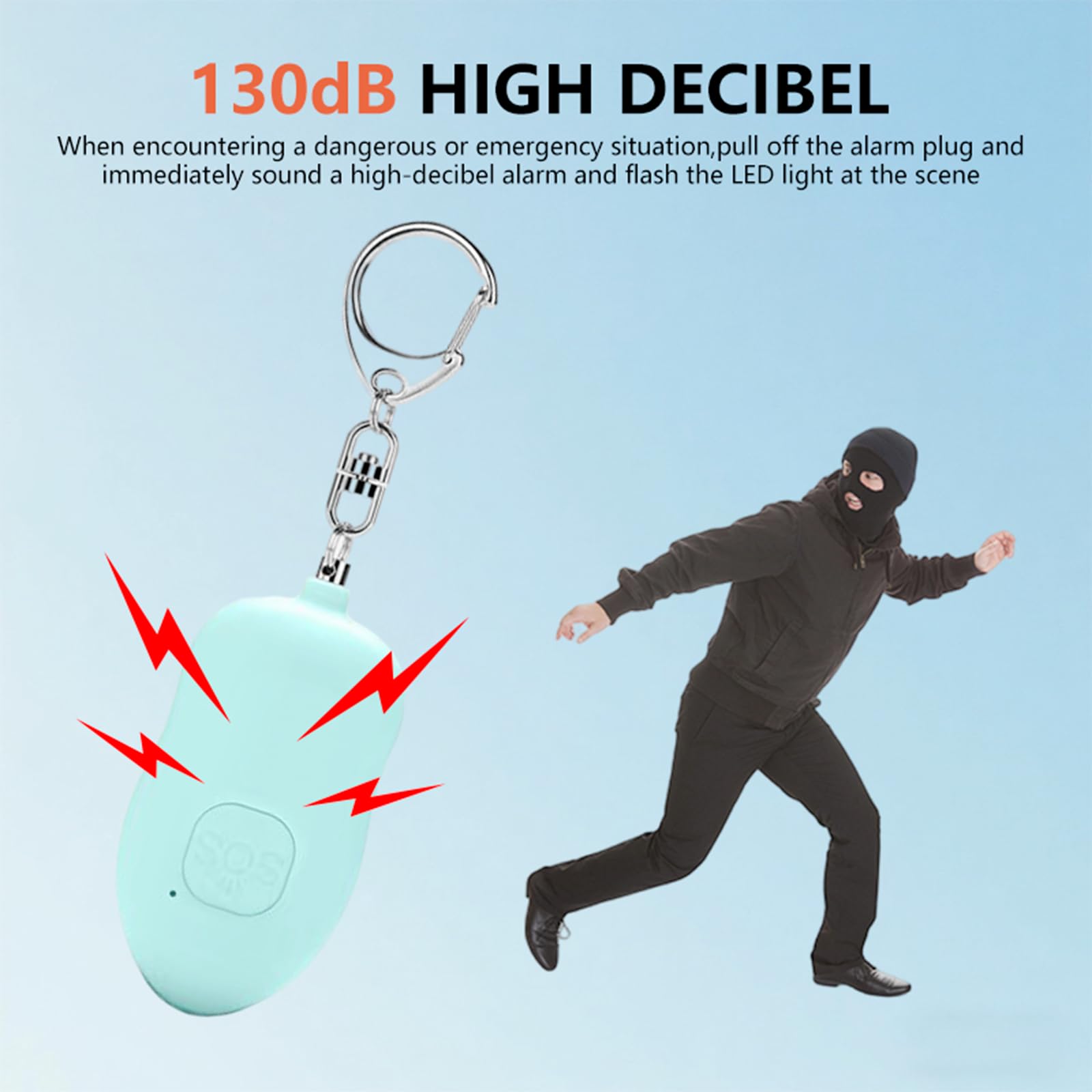 Alarma personal recargable de 130 dB, paquete de 2 alarmas de seguridad SOS con carga USB tipo C, luz LED para mujeres y ancianos, llavero de sirena de seguridad, alarma de autodefensa