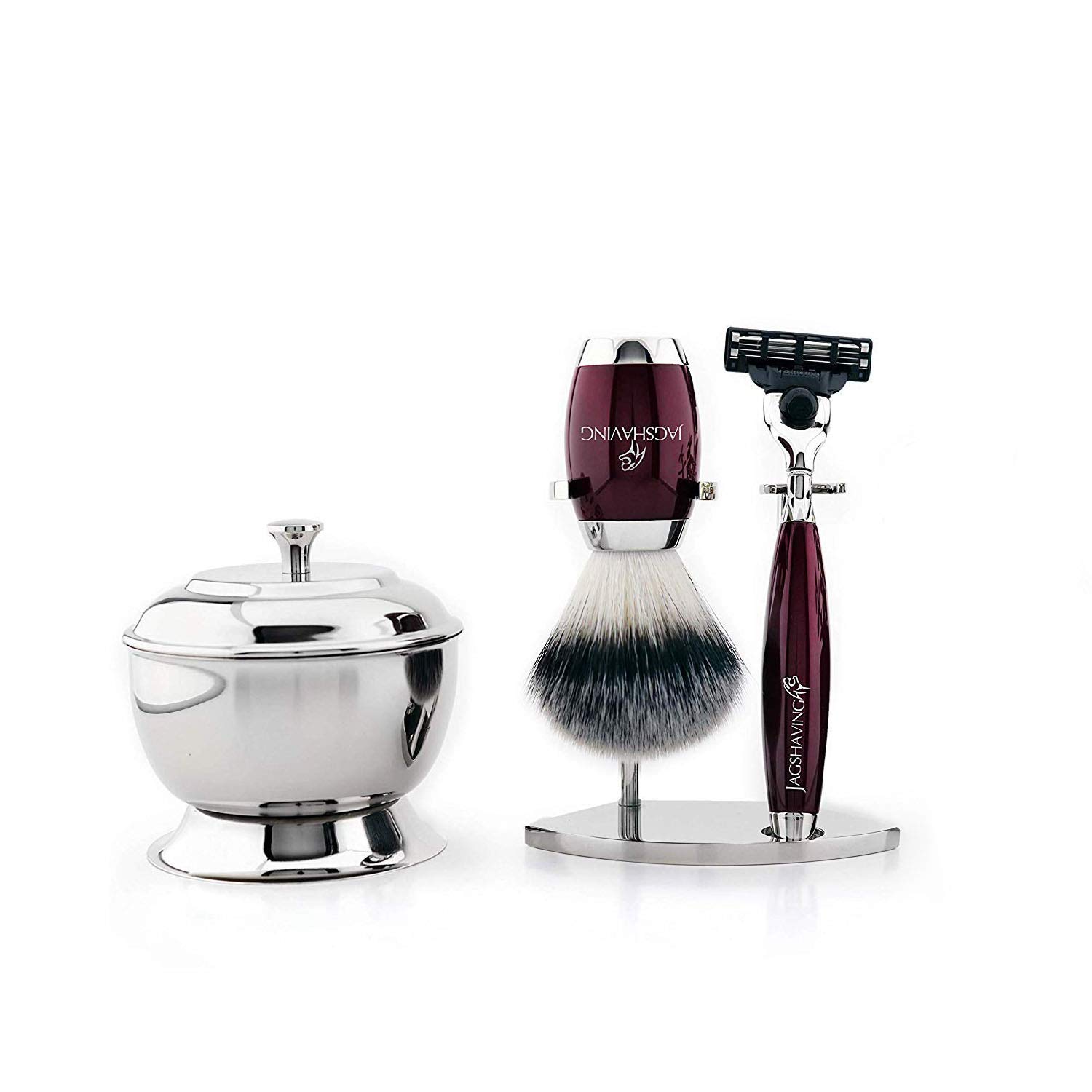 JAG SHAVING Synthetische Haarbürste Dreikant Rasierklingen Set mit Stahlschale und Ständer passend für beide Herren und Damen