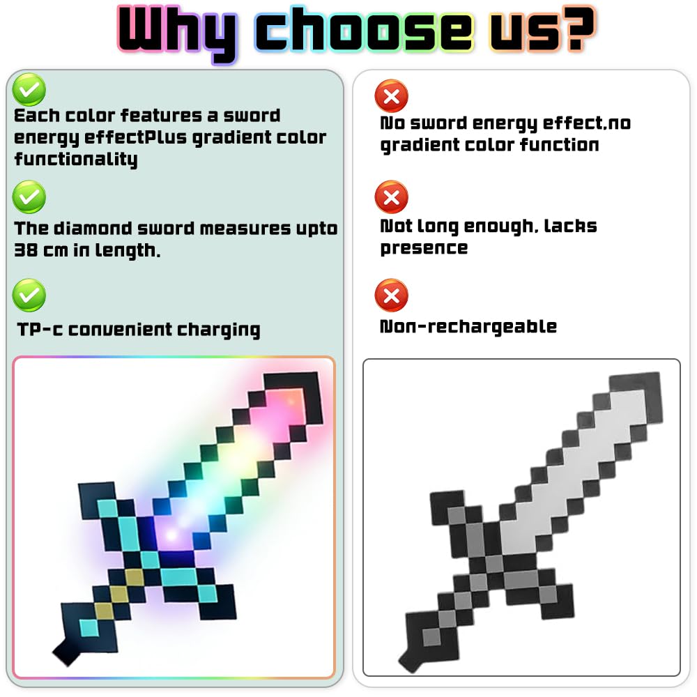 Diamantschwert Licht, 15in Nachtlicht Lampe für Gaming, Pixel Schwert mit 16 Einstellbare Farbmodi, USB wiederaufladbar für Nachttischlampe, Geschenk für Gamer