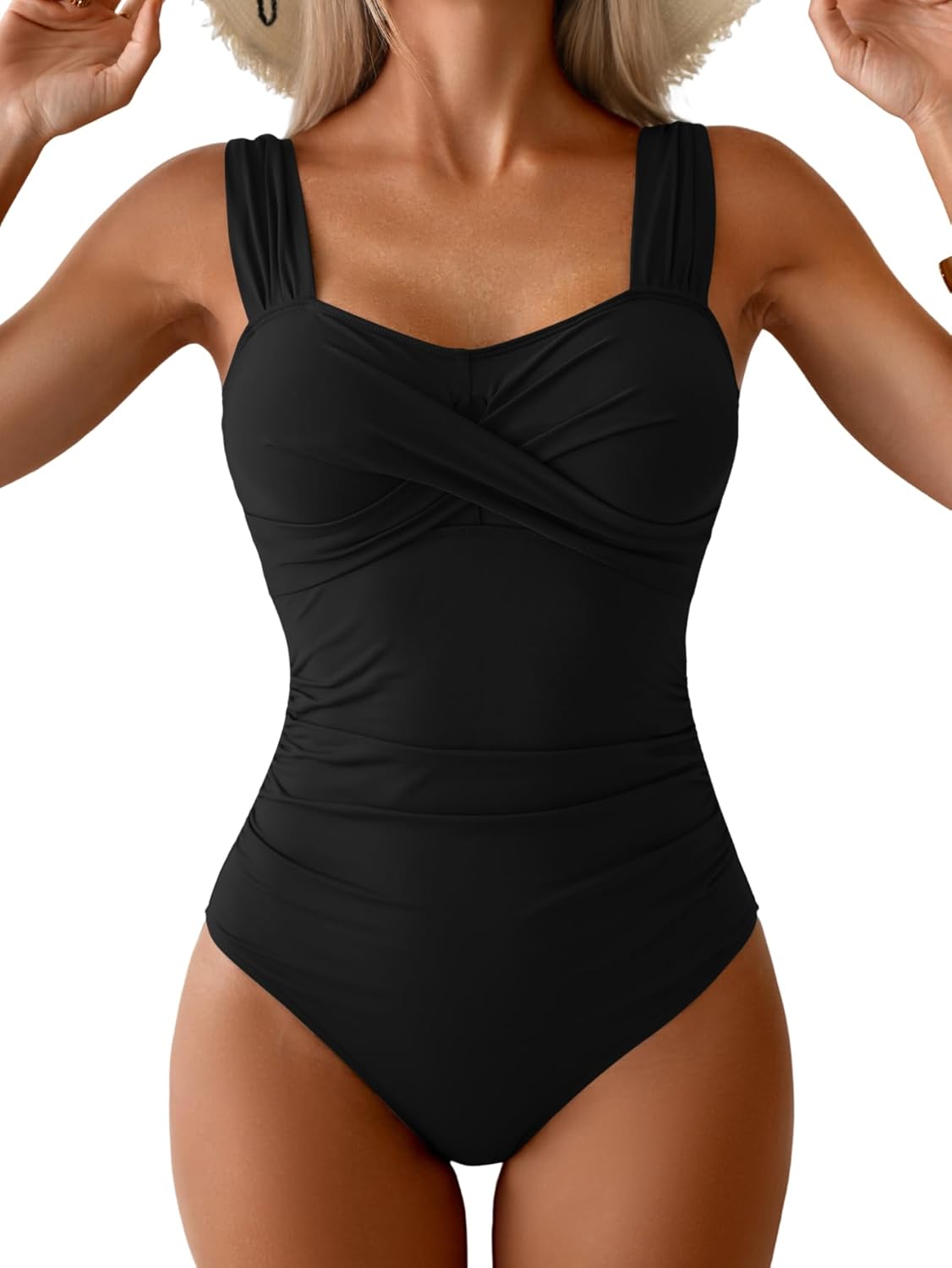 Womens One Piece Swimsuit Tummy Control Ruched Bathing Suits Crisscross Wrap Full Coverage Swimwear