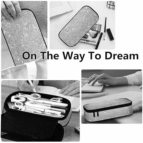 Miniatura 5 de Yekiua Estuche para lápices de plata con purpurina (impresa) Estuche para lápices Abstracto Monocromo Plata Bokeh de alta capacidad Bolsa de