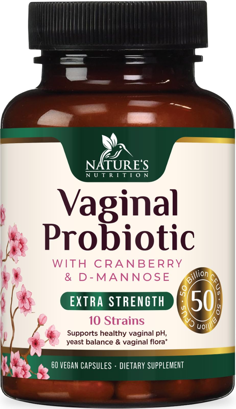 Vaginal Probiotics for Women - 50 Billion CFU per Capsule - Targeted Lactobacillus Blend with Prebiotics, Cranberry, D-Mannose - For pH Balance, Feminine Flora, Odor, & Urinary Support - 60 Capsules 60 Count (Pack of 1)