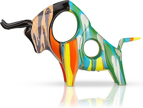 Estatua de toro pintada de resina, decoración abstracta de animales domésticos, adornos huecos de color escultura de toro (verde B)