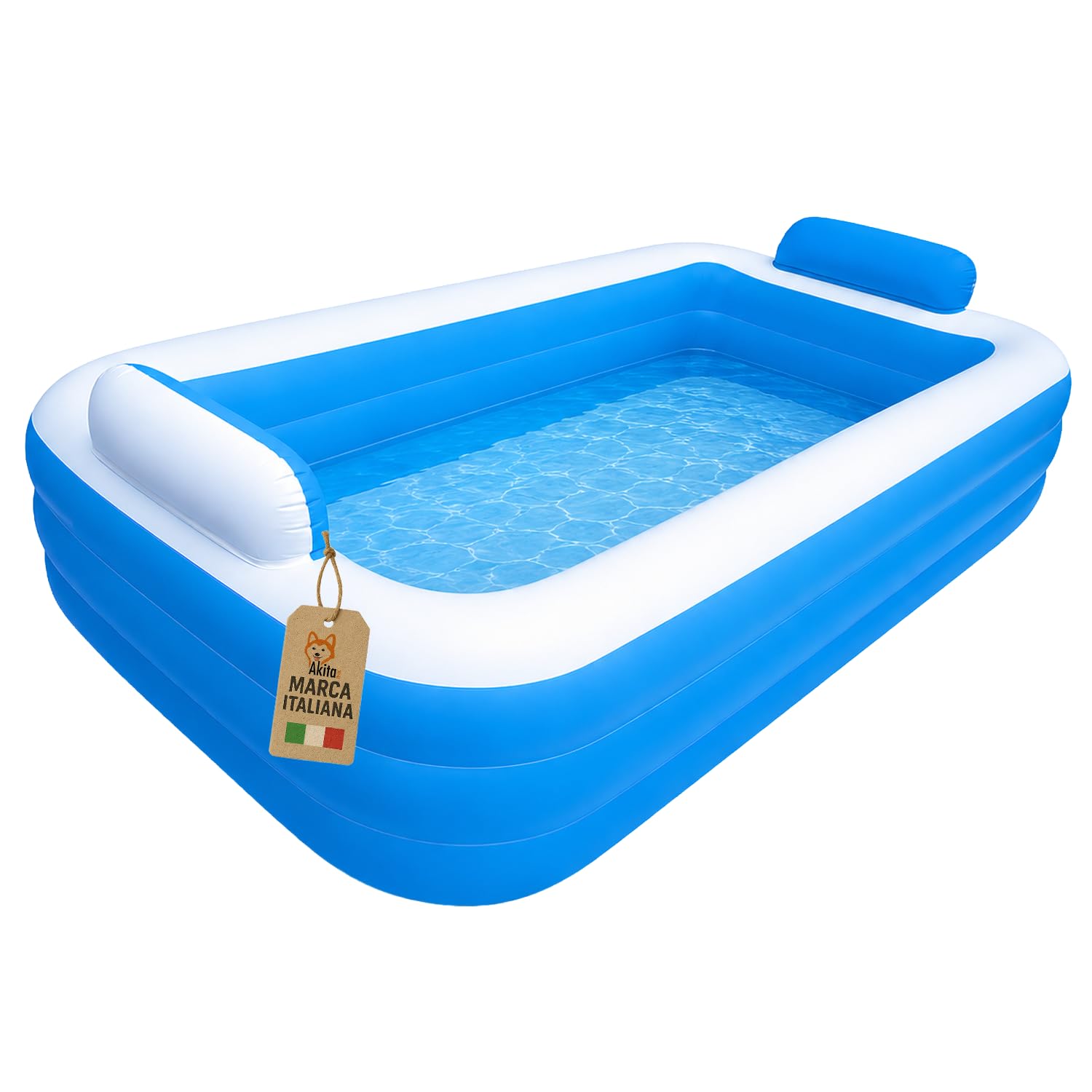 Akitaink Piscina Gonfiabile 305x183x56 cm con 3 Anelli, Piscina Familiare in Vinile Resistente per Giardino, Colori Azzurro e Bianco, Adatta ad Adulti e Bambini dai 6 Anni