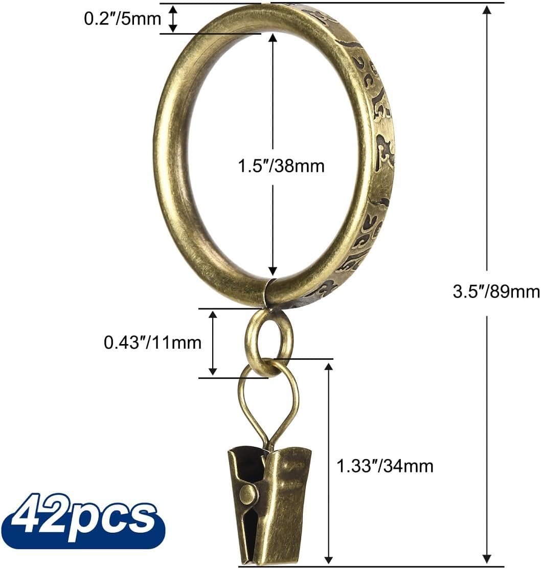 Thick Metal Clip Curtain Rings with Ancient Script Engraving,1.5" Inner Diameter, for Rods up to 1.25 Inches, Decorative Drapery Hardware (Antique Brass-42pcs)