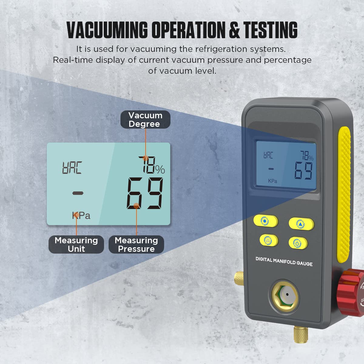 AUTOOL LM110+ Digital Refrigeration Manifold Gauge vacuuming operation and testing display