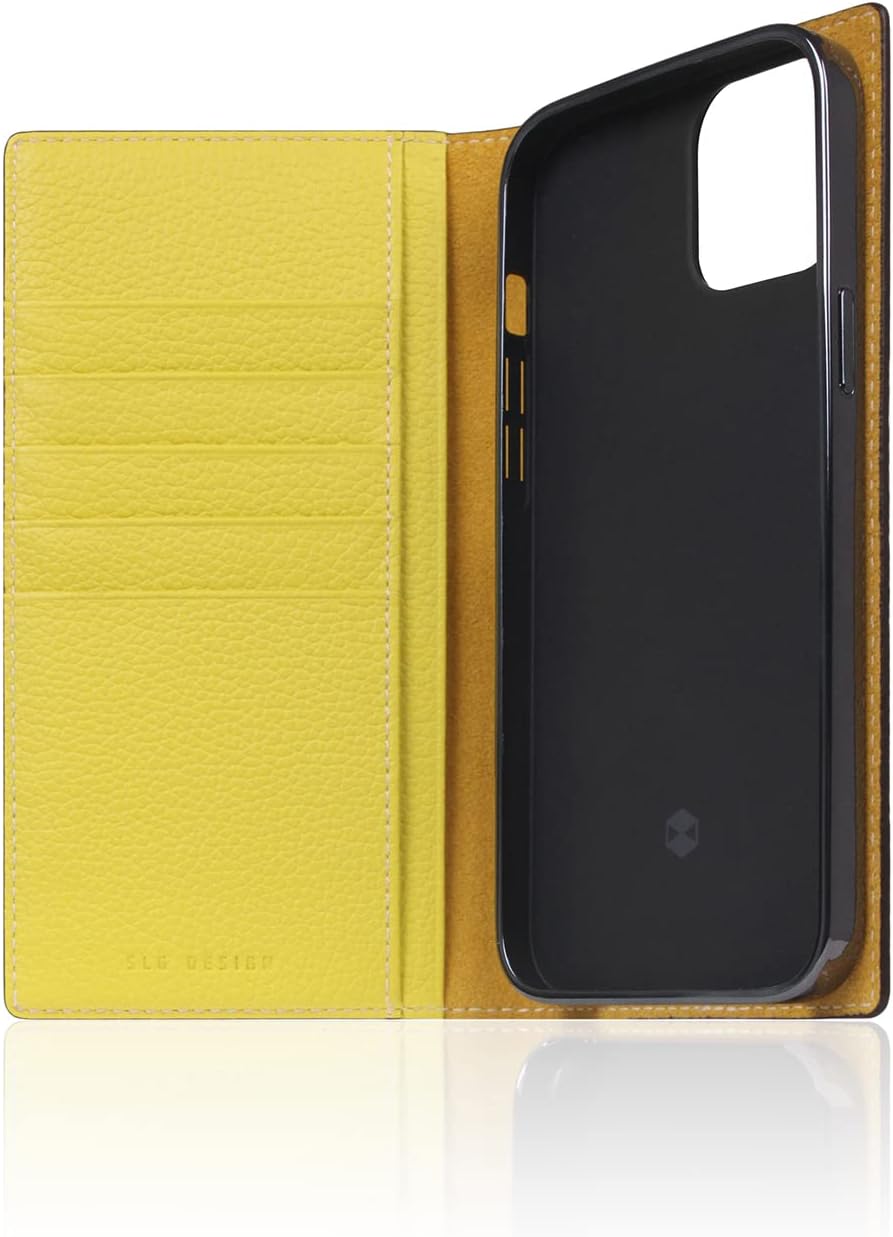 D8 Neon Full Grain Leather Wallet Case for iPhone 14 Plus - Handcrafted Diary Style with Card Holders and Side Cash Pocket, Gift Box Included (Lemon)