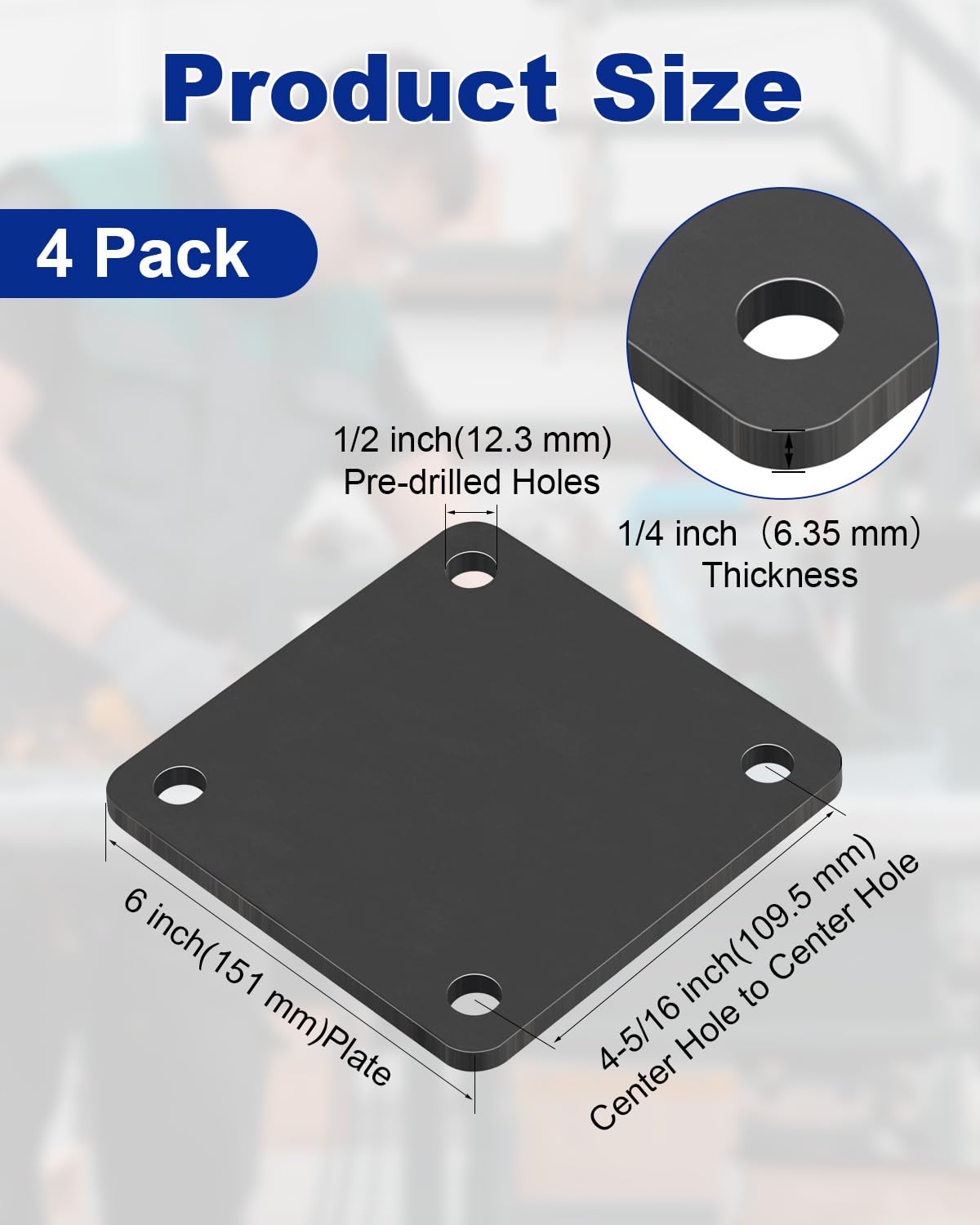 Rocaris 4 placas de acero A36 laminadas en caliente de 6 x 6 x 1/4 pulgadas, placa base de acero con 4 agujeros, placa cuadrada de metal para tablas de construcción, soporte de estructura, cuadrado