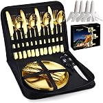 24-Piece Gold Utensil Set for 6 People, 24-Piece Mirror Stainless Steel Cutlery Set with Fine Textured Handle Including Knife/Fork/Spoon/Dessert Spoon, Cutlery Sets for Home and Restaurant