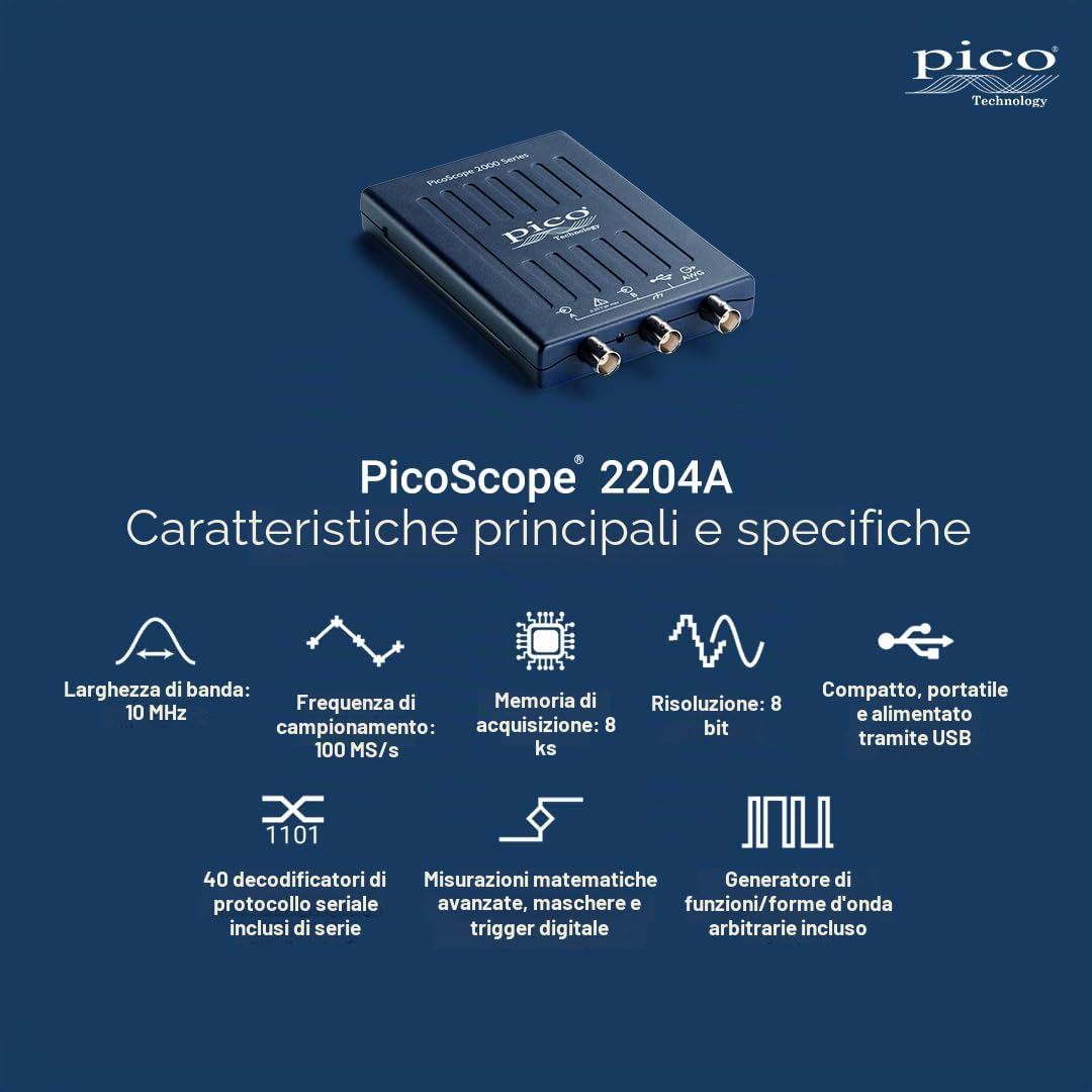 Pico Technology PicoScope - Oscilloscopio digitale a 2 canali 2204A Kit oscilloscopio 10 MHz con testine e software PS7 per Windows, Mac, Linux con custodia per il trasporto