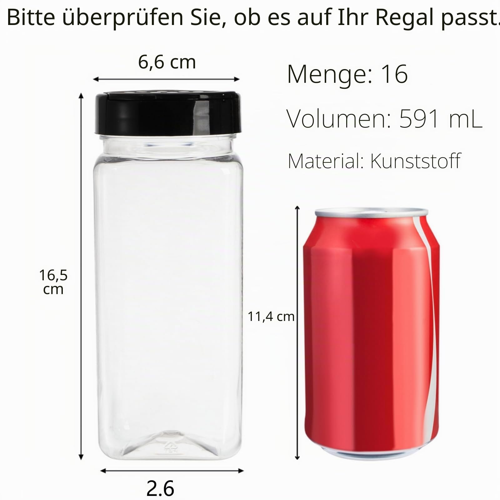 Hacaroa 16 Stück 600 ml Kunststoff Gewürzdosen mit Shaker/Pourer Deckel, quadratische leere Gewürzbehälter klare Gewürzflaschen für trockene Lebensmittel, Gewürze, Kräuter, Pulver