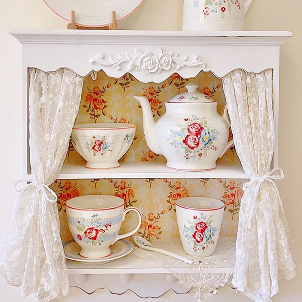 Distressed 19.2" x 20" Wall Floating Shelves with Flowers Carving,MDF French Style Wall Shelf with 4 Hooks for Living Room Bedroom Kitchen Office