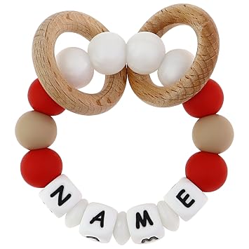 Personalized Baby Rattle Teether with Name, Customized Grasping Activity Shaker Grab Rattles, Early Educational Toys with Wood Teething Rings for Newborn Infant Toddler Red
