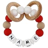 Personalized Baby Rattle Teether with Name, Customized Grasping Activity Shaker Grab Rattles, Early Educational Toys with Wood Teething Rings for Newborn Infant Toddler (Red)
