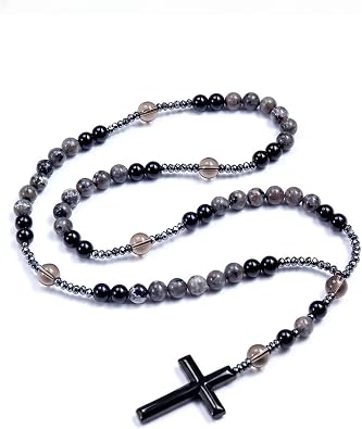 Natural Obsidian Yooperlite Rosary Necklace, UV Reactive Energy Protection Healing Crystal for Men Prayer Meditation