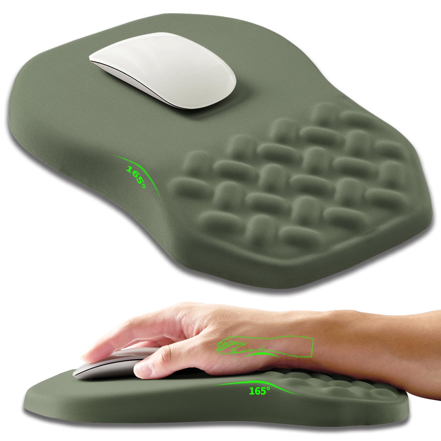 Armanza Ergonomic Slope Mouse Pad Wrist Support, Wrist Rest Mousepad for Carpal Tunnel Pain Relief with Massage Bulge and Slow Rebound Memory Foam (12x8 inch, Olive Green)