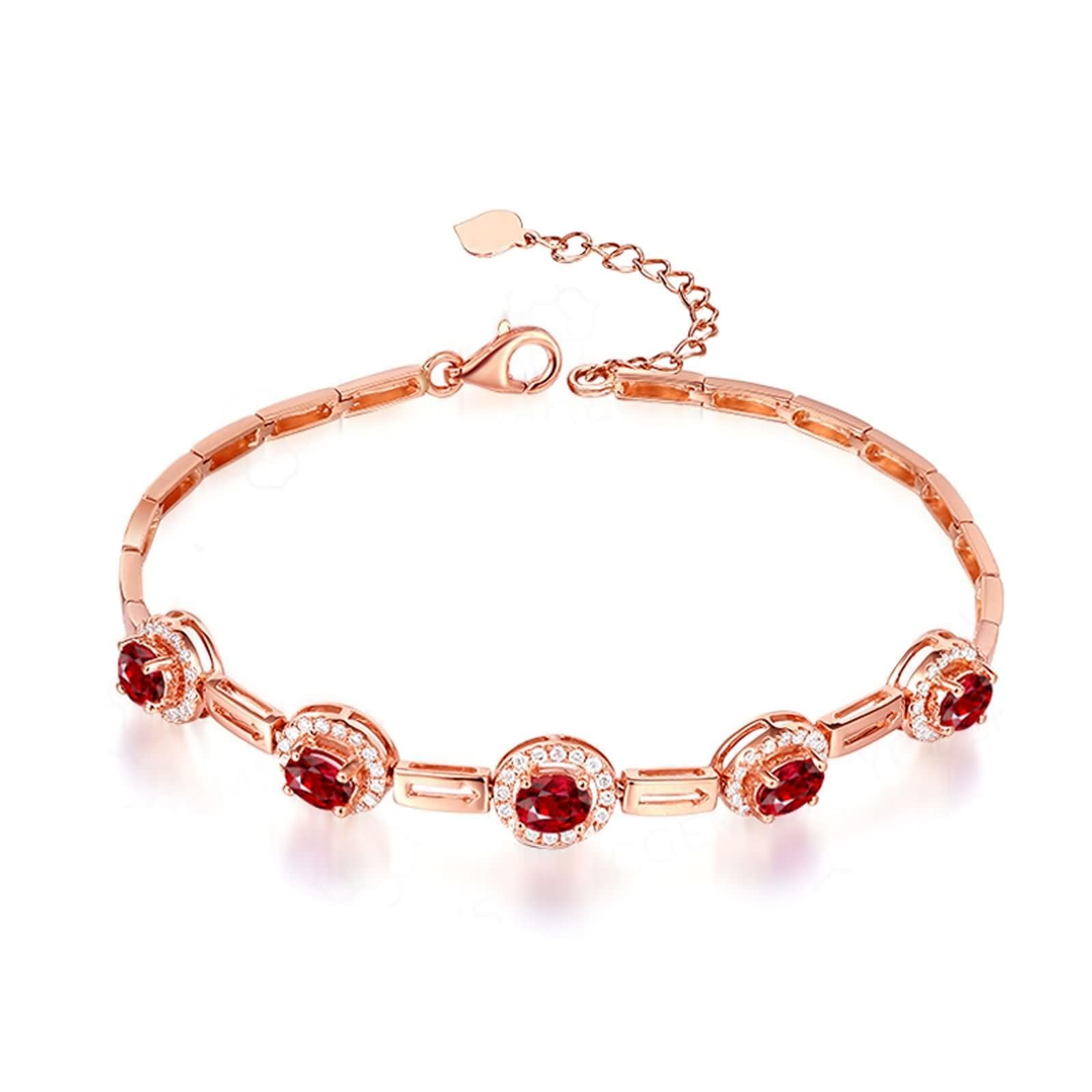 Pulsera para Mujer de Oro Rosa 9 Kilates / 14 Kilates / 18 Kilates, Oval con Rubí y Diamante, Cadena Extensible 16 CM + 5 CM, Pulseras de Oro Rosa de Mujer