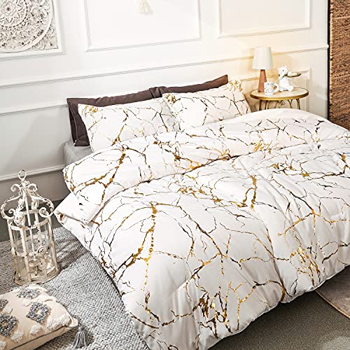 Smoofy Gold White Comforter Queen Bed Set Marble Print Glitter Gold Bedding Set Luxury Shinny White Queen Comforter Set For Men Women Queen Size Bedding Set 3Pcs (1 Comforter, 2 Pillowcases) #TOP4