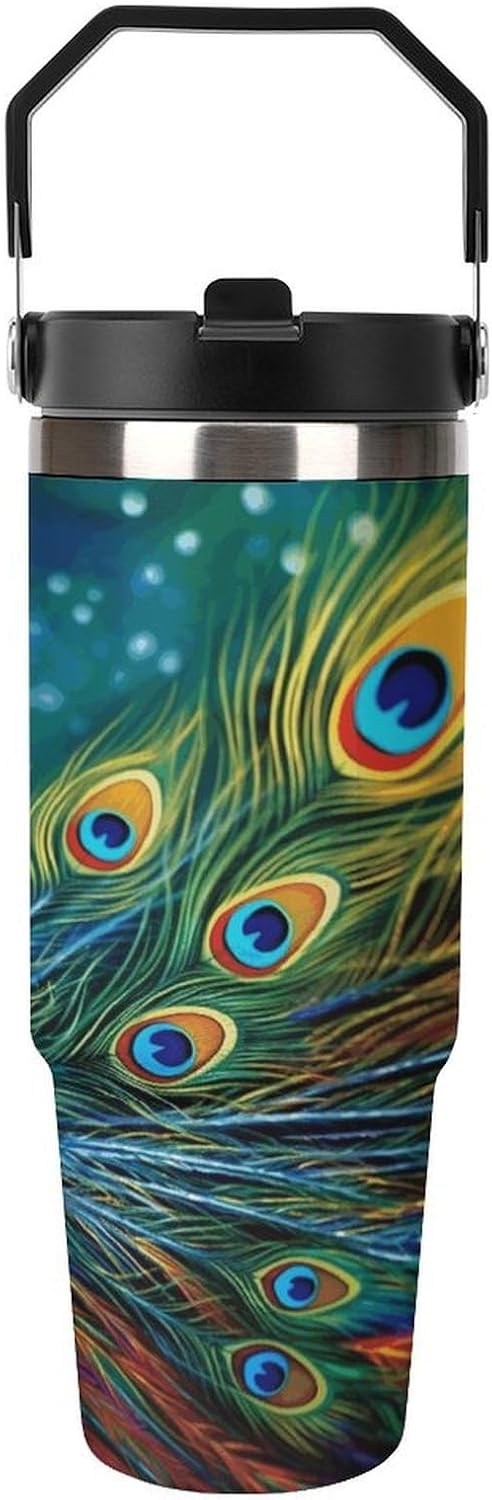 Colored Peacock Water Bottle 30 Oz Fits Car Cup Holder,Insulated Coffee Mug Large Capacity Car Cups,Stainless Steel Double Wall Sport Bottle for Travel Sports Gym
