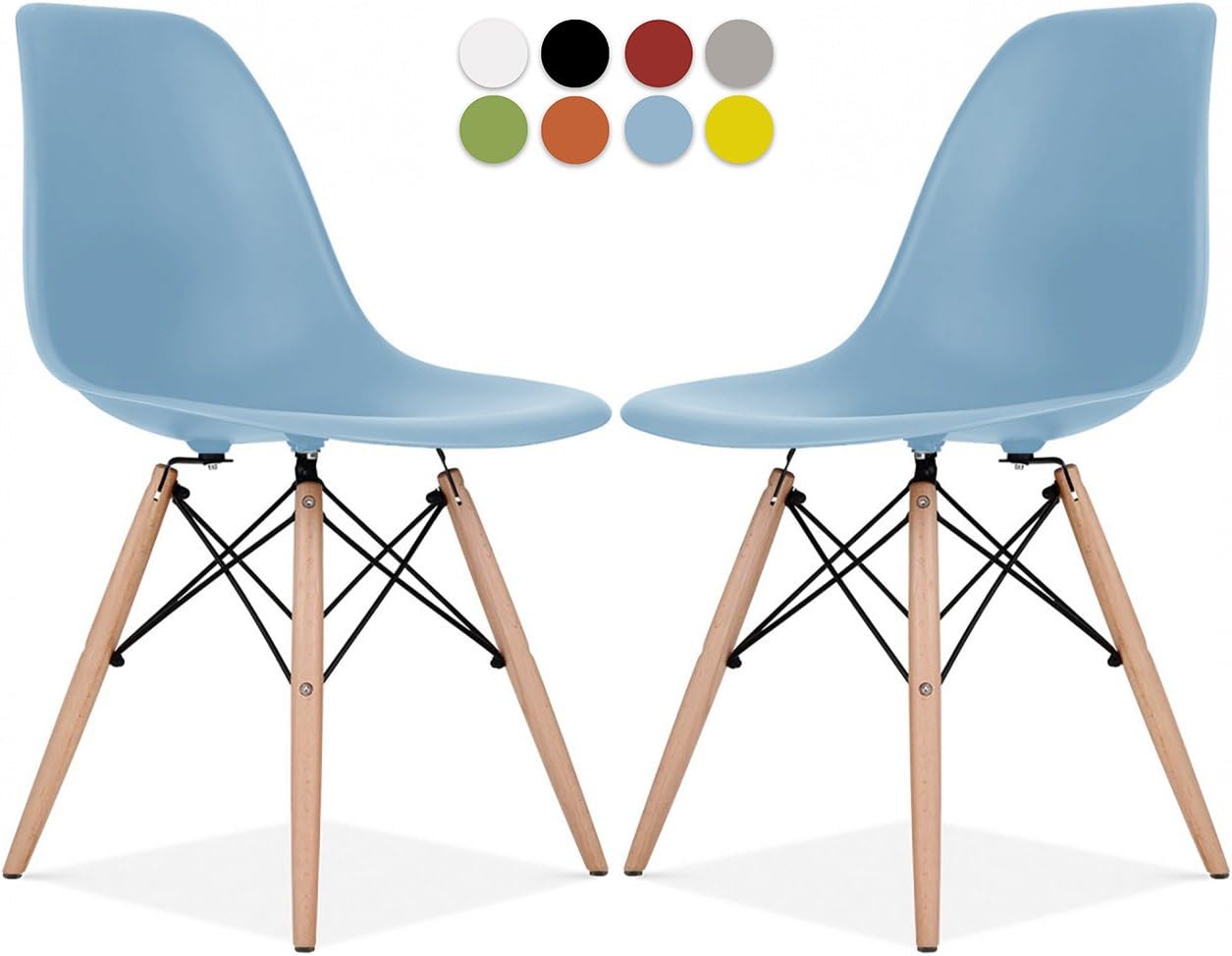 Le Vigan Eames Style Chair by Set Of 2 - Mid Century Modern Eames Molded Shell Chair with Dowel Wood Eiffel Legs - for Dining Room, Kitchen, Bedroom, Lounge - Easy-Assemble & Clean - Baby Blue