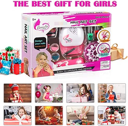 Nail Polish Set for Girls, Nail Art Kit for Kids with Fun Dusting Pen/Nail Art Pen/Nail Dryer/Eyeshadow/False Nail - Kids Washable Makeup Kit for Girls, Best Gift for Birthday/Party(Without Batteries)