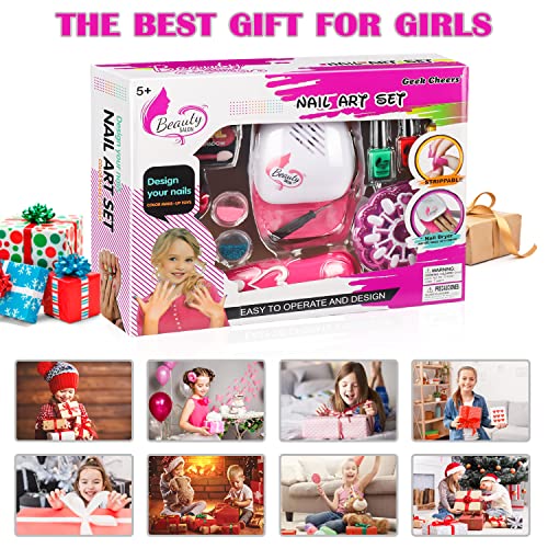 Geek Cheers Nail Art Kit For Kids, Girls Nail Polish Set With Nail Dryer/ Glitter Pen/ 2 In 1 Nail Pen/ Fake Nails/ Eyeshadow, Kids Manicure Set Birthday Christmas Party Gifts For Girls Ages 5-12 #TOP5
