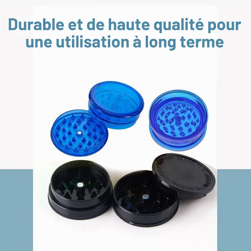 Lot de 2 moulins en plastique 60 mm Trois pièces Crusher Kitchen, broyeur à pollen et herbes en plastique pour épices Bleu et noir