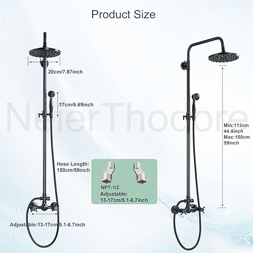 Miniatura 7 de NeierThodore Grifo de ducha de baño de doble asa, mezclador de ducha montado en la pared con cabezal de ducha de lluvia de 8 pulgadas, rociador de